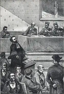 Gravure montrant un avocat plaidant.