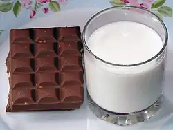 photo présentant une tablette de chocolat disposée à côté d'un verre de lait.