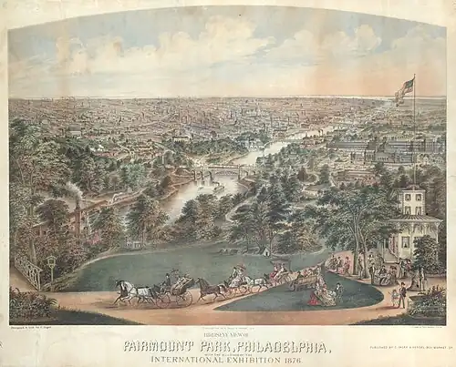 Vue du ciel de Fairmount Park avec les bâtiments de l’Exposition internationale de 1876