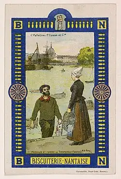 Image publicitaire de la Biscuiterie Nantaise : Pêcheur et femme de Trentemoult (avant 1948).