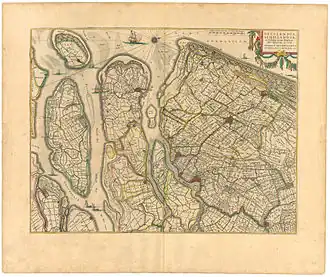 Plan d'une partie du delta en 1645 : Rotterdam se trouve au fond de l'estuaire le plus au nord (ici, à droite) du delta.