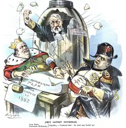 McKinley habillé en Napoléon et Reed portant une couronne sont assis à une table où est posé le « plan républicain pour 1892 ». Ils sont surpris par Blaine qui jaillit d'une bouteille portant l'inscription « Département d'État ».