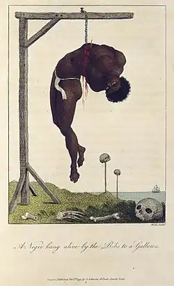 Châtiments infligés aux esclaves noirs révoltés. Gravure de 1796, par William Blake.