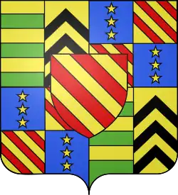 Depuis 1565 : écartelé, aux 1er et 4e, parti Crussol, Lévis; aux 2e et 3e, contre-écartelé de Gourdon, Genouillac; Uzès sur le tout