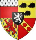 écu divisé en 4, au 1er rouge avec le premier tiers blanc avec des mouchetures d'hermine noires, au 2e jaune avec trois têtes de sanglier noires, de profil et rangées 2 & 1, au 3e jaune semé de petits rectangles bleus, avec un lion rouge debout sur le tout, au 4e rouge avec une bande en diagonale gauche-droite jaune chargée de trois ronds rouges ; au centre et sur le tout, un petit écusson noir avec un lion blanc debout