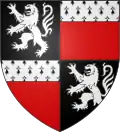écu divisé en 4, aux 1 et 4 noir avec un lion lion blanc debout et aux 2 et 3 rouge, le premier tiers blanc avec des mouchetures d'hermine noires