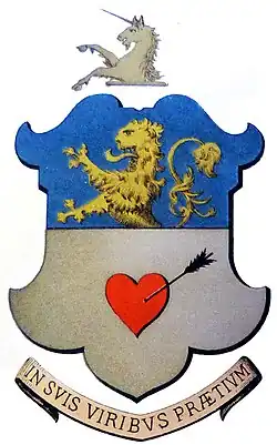 Représentation du blason de la famille noble d'Albert où figure le blasonnement expliqué dans le texte avec une partie bleue au-dessus avec un lion ainsi que du gris au-dessous avec un cœur de flèche.