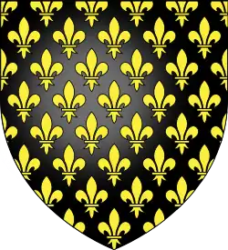 Dessin d'un blason noir couvert de fleurs de lys dorées.