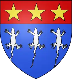 D'azur, à trois lézards d'argent posés en pal, cousu d'un chef de gueule chargé de trois étoiles d'or.