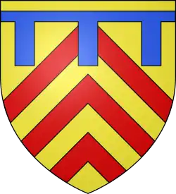 Blason avec 3 chevrons rouges sur fond jaune et une barre horizontale bleue avec des pendants verticaux