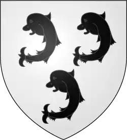 Blason avec trois dauphins noirs sur fond argent.