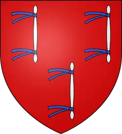 Blason des Beaupoil de Saint-Aulaire : de gueules à trois couples de chiens d'argent, liés d'azur.