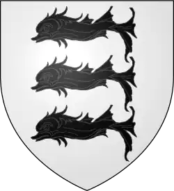 Dessin en forme de bouclier représentant 3 dauphins superposés noirs sur fond blanc.