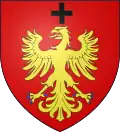 Armes de la première famille de Montby : « De gueules, à l'aigle éployée d'or armée d'azur, surmontée d'une croisette de sable ».