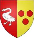 Blason attribué par Pierre de La Planche (~1669) : parti de gueules au cygne d'argent, et d'or à trois tourteaux de gueules.