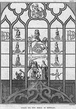 "Vitrail des sept nobles de Bruxelles", autrefois dans le chœur de la Collégiale des Saints Michel et Gudule.