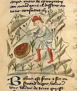 Dessin naïf d'homme portant une tunique blanche ombrée de bleu et des chausses et un chapeau rouges, équipé d'une houe, dans un champ ; devant lui, un récipient arrondi rempli d'une matière rouge.