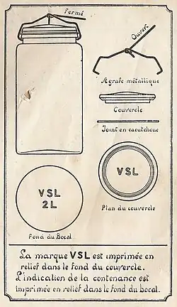 Le schéma montre le bocal fermé, le détail de l’agrafe et du couvercle, ainsi que le graphisme du logo de la marque VSL.