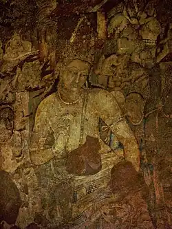 Le Bodhisattva Padmapani. Peinture à l'eau sur enduit. Vestibule du vihâra, caverne 1. Ajanta, fin Ve&nbsp;siècle.