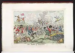 Caricature en couleur montrant des soldats sur un champ de bataille.