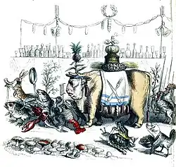 Image colorée figurant la procession d'un bœuf accompagné par des animaux déguisés en d'autres animaux