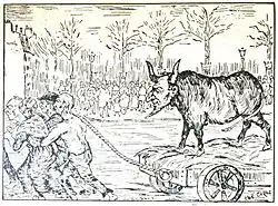 Gravure figurant un bœuf cornu à tête humaine sur un char tiré par des hommes et des femmes