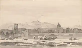 Selon un lavis d'encre de Chine, un pont passe d'une berge en terrain vague vers un bâtiment conséquent comportant un dôme.