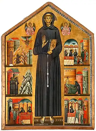 Saint François d'Assise et des étapes de sa vie. Berlinghieri. 1235. Tempera et or sur bois, H. 1,60 m. Église de Saint François. Pescia