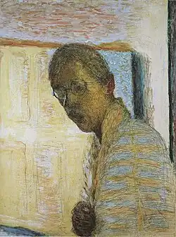 Dessin et peinture en couleur figurant un homme en buste de profil portant des lunettes.
