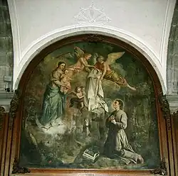 Photo couleur d'une peinture murale, l'Apparition de la Vierge à Norbert, deuxième scène de la vie de Norbert de Xanten dans le réfectoire.