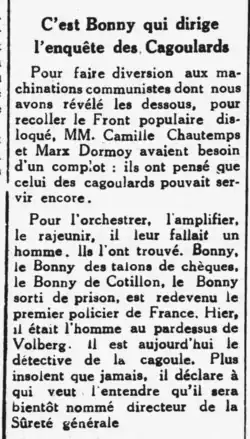 Un entrefilet de deux paragraphes, titré « C'est Bonny qui dirige l'enquête des Cagoulards »