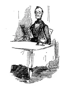 Dessin plume, vue de face légèrement tourné, air satisfait, tenue soignée, posture droite, un livre à la main, table recouverte d'une ample nappe, un verre et une petite bouteille
