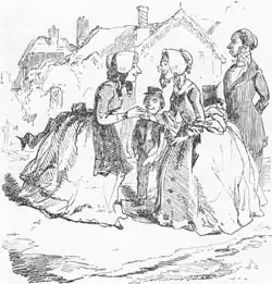 Dessin au crayon, deux commères échangeant des nouvelles, enfant coincé au milieu, mari patient mais l'air très ennuyé derrière, petits cottages en fond, atmosphère paisible