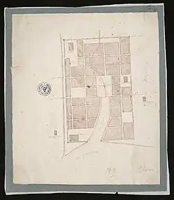 Une carte de la ville durant l'antiquité. La Garonne traverse la ville, qui ne compte que quelques bâtiments.