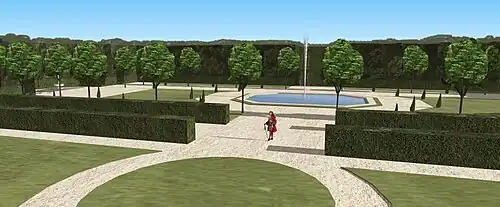 Restitution du Bosquet de Cléopâtre, vue depuis la hauteur en descendant, fin XVIIe.