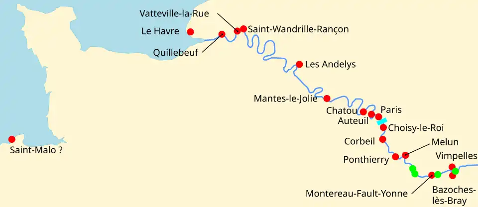 Carte en couleurs d'une partie du cours de la Seine mentionnant certains points notables sur ce trajet.