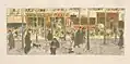 Lithographie en couleur figurant au premier plan des piétons sur un large trottoir, au second un boulevard avec des véhicules et au troisième des devantures.