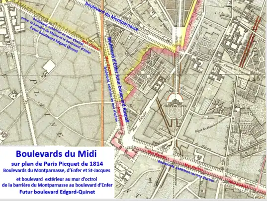 Boulevards du Midi et mur d'octroi en 1814 détail Montparnasse-St-Jacques