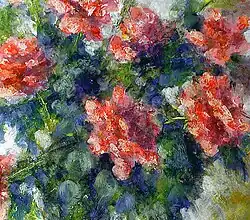 Quatre roses rouges en haut du tableau, deux au centre, leur feuillage vert occupant le reste de l'espace peint.