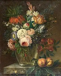 Bouquet fleurs et fruits sur un entablement