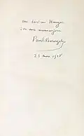 Envoi à Georges Heuyer, écriture autographe de Paul Bourget.