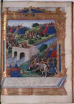 Dessin pleine page en couleurs montrant des armées de chaque côté d'un pont sur une rivière