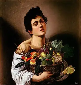 Peinture d'un jeune homme qui porte une corbeille de fruits.