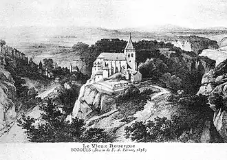 Église Sainte-Fauste et village avec ses tours médiévales (en 1838) par F. A. Pernot.