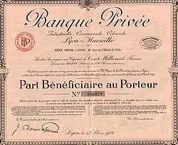 part bénéficiaire imprimée d'une société, avec signatures et tampons.