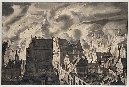 Incendie sur Elandsgracht, dessin (c. 1679 - 1690, Rijksmuseum Amsterdam).