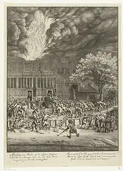 Representation de feu, qui se prit le 12 janvier 1684, a une maison du Leidse Graft, dans le tems d'une tres grande gelée: et de la maniere dont on l'êteignit, eau-forte (ap. 1690, Rijksmuseum Amsterdam).
