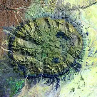 Vue satellite du massif du Brandberg en fausses couleurs.