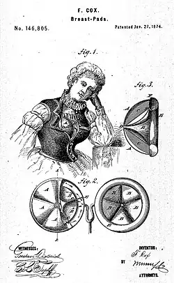 dessins à la plume d'une femme assise et habillée suggérant une poitrine normale et à côté, plusieurs graphiques montrant la prothèse gonflable qu'elle porte sous ses vêtements