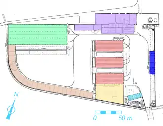 Dessin en couleurs des plans d'un ensemble de bâtiments.